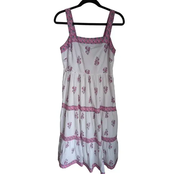 J. Crew Block-print square neck tiered midi dress size 4 - Picture 3 of 7